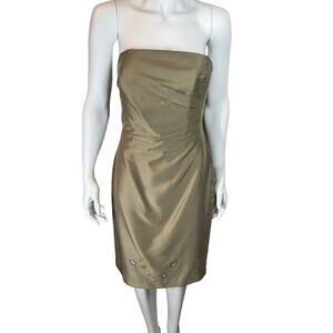Vintage Kay Unger Sage Green Silk Strapless Midi Dress Embroidered 6‎